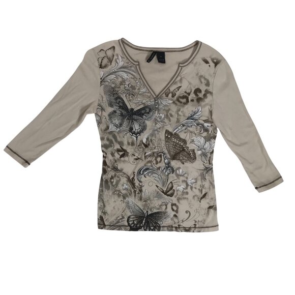 Vintage Y2K Beige Butterfly Graphic Print Indie Fairy Grunge Long Sleeve Top / S - Picture 5 of 6